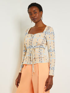 Sweetheart Neck Modern Fit Jacket - Plaid Jacquard Knit, Peach Blossom/Caribbean Mist/Pale Gold/Black/White | Misook