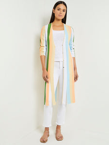 Open Neck Heritage Fit Jacket - Striped Intarsia Knit Fringe Hem, Peach Blossom/Caribbean Mist/Pale Gold/Verdant Clover/White | Misook