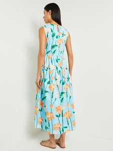 Modern Fit Maxi Drop Waist Floral Cotton Dress, Caribbean Mist/Peach Blossom/Verdant Clover/Pale Gold | Meison Studio Presents Misook