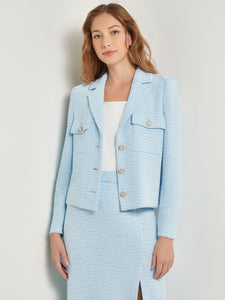 Modern Fit Lapel Collar Jacket - Tweed Knit, Caribbean Mist/White | Misook