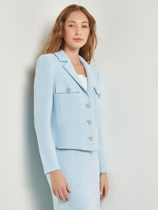 Modern Fit Lapel Collar Jacket - Tweed Knit, Caribbean Mist/White | Misook