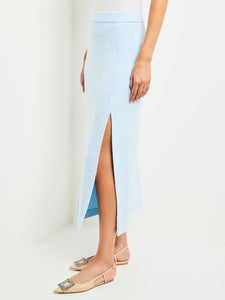 Midi Straight Skirt - Side Slit Tweed Knit, Caribbean Mist/White | Misook