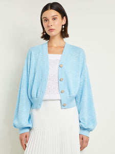 Relaxed Fit Button Front Jacket - Balloon Sleeve Soft Burnout Knit, Caribbean Mist | Misook