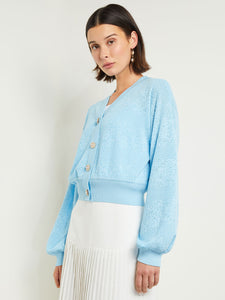 Relaxed Fit Button Front Jacket - Balloon Sleeve Soft Burnout Knit, Caribbean Mist | Misook