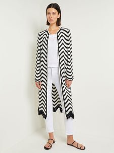 Heritage Fit Jacket - Chevron Fringe Trim Intarsia Knit, Black/White | Misook