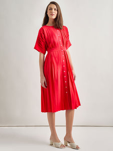 Midi Fit & Flare Dress - Hand Pleated Woven, Radiant Pink | Meison Studio Presents Misook