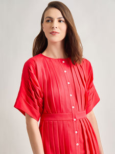 Midi Fit & Flare Dress - Hand Pleated Woven, Radiant Pink | Meison Studio Presents Misook