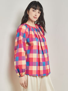 Tie Waist Blouse - Plaid Cotton Blend, Radiant Pink/Adriatic Blue/Parchment | Meison Studio Presents Misook