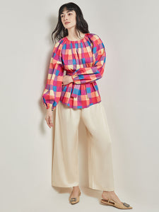 Tie Waist Blouse - Plaid Cotton Blend, Radiant Pink/Adriatic Blue/Parchment | Meison Studio Presents Misook