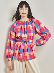 Tie Waist Blouse - Plaid Cotton Blend, Radiant Pink/Adriatic Blue/Parchment | Meison Studio Presents Misook