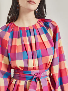 Tie Waist Blouse - Plaid Cotton Blend, Radiant Pink/Adriatic Blue/Parchment | Meison Studio Presents Misook