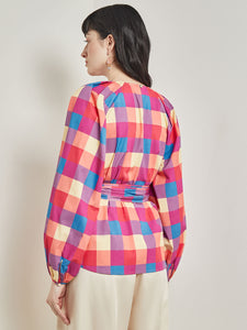 Tie Waist Blouse - Plaid Cotton Blend, Radiant Pink/Adriatic Blue/Parchment | Meison Studio Presents Misook