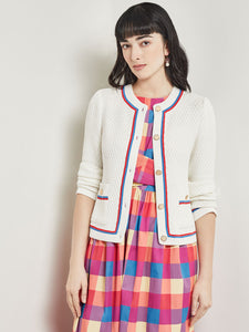 Heritage Fit Jacket - Intarsia Soft Knit, New Ivory/Adriatic Blue/Radiant Pink | Meison Studio Presents Misook