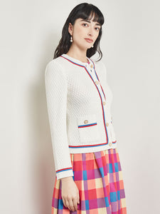 Heritage Fit Jacket - Intarsia Soft Knit, New Ivory/Adriatic Blue/Radiant Pink | Meison Studio Presents Misook