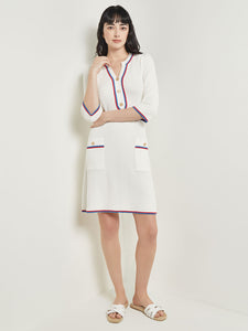 Above the Knee Sheath Dress - Intarsia Soft Knit, New Ivory/Adriatic Blue/Radiant Pink | Meison Studio Presents Misook