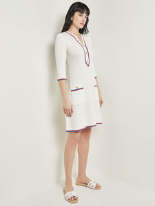 Above the Knee Sheath Dress - Intarsia Soft Knit, New Ivory/Adriatic Blue/Radiant Pink | Meison Studio Presents Misook