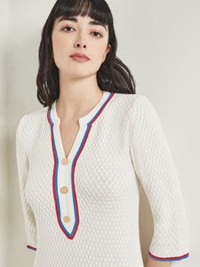 Above the Knee Sheath Dress - Intarsia Soft Knit, New Ivory/Adriatic Blue/Radiant Pink | Meison Studio Presents Misook