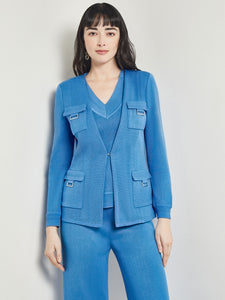 Tailored Fit Jacket - Ribbed Detail Flat Knit, Adriatic Blue | Meison Studio Presents Misook