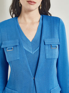 Tailored Fit Jacket - Ribbed Detail Flat Knit, Adriatic Blue | Meison Studio Presents Misook