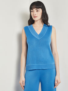 V-Neck Tank - Ribbed Detail Flat Knit, Adriatic Blue | Meison Studio Presents Misook