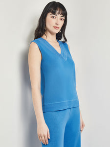 V-Neck Tank - Ribbed Detail Flat Knit, Adriatic Blue | Meison Studio Presents Misook