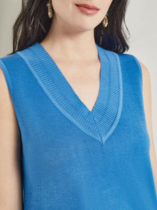 V-Neck Tank - Ribbed Detail Flat Knit, Adriatic Blue | Meison Studio Presents Misook