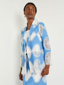 Heritage Fit Jacket - Lace Inset Novelty Woven, Adriatic Blue/White | Meison Studio Presents Misook