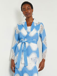 Heritage Fit Jacket - Lace Inset Novelty Woven, Adriatic Blue/White | Meison Studio Presents Misook