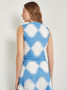 Modern Fit Lace Inset Woven Cropped Tank, Adriatic Blue/White | Meison Studio Presents Misook