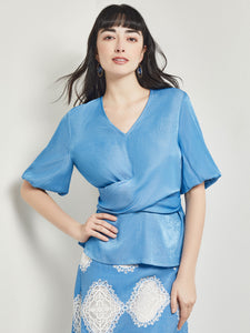 Crossover Peplum Blouse - Puff Sleeve Woven, Adriatic Blue | Meison Studio Presents Misook