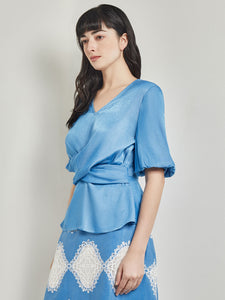 Crossover Peplum Blouse - Puff Sleeve Woven, Adriatic Blue | Meison Studio Presents Misook