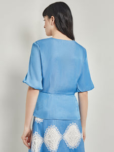 Crossover Peplum Blouse - Puff Sleeve Woven, Adriatic Blue | Meison Studio Presents Misook