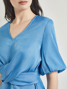 Crossover Peplum Blouse - Puff Sleeve Woven, Adriatic Blue | Meison Studio Presents Misook