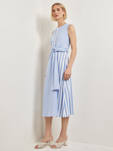 Modern Fit Midi A-Line Dress - Split Pattern Cotton, Adriatic Blue/New Ivory | Meison Studio Presents Misook