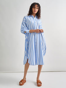 Midi Oversized Shirtdress - Striped Woven, Adriatic Blue/White | Meison Studio Presents Misook