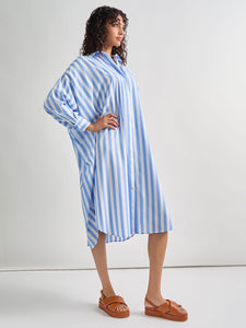 Midi Oversized Shirtdress - Striped Woven, Adriatic Blue/White | Meison Studio Presents Misook