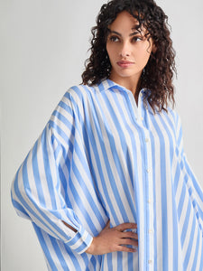 Midi Oversized Shirtdress - Striped Woven, Adriatic Blue/White | Meison Studio Presents Misook