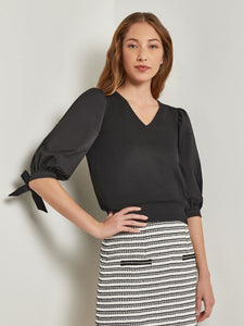 Tie-Detail Puff Sleeve Blouse - Mixed Media, Black | Meison Studio Presents Misook