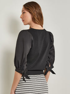 Tie-Detail Puff Sleeve Blouse - Mixed Media, Black | Meison Studio Presents Misook