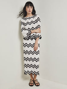 Boat Neck Tunic - Contrast Chevron Pointelle Soft Knit, New Ivory/Black | Meison Studio Presents Misook