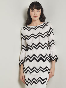 Boat Neck Tunic - Contrast Chevron Pointelle Soft Knit, New Ivory/Black | Meison Studio Presents Misook