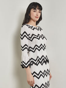 Boat Neck Tunic - Contrast Chevron Pointelle Soft Knit, New Ivory/Black | Meison Studio Presents Misook