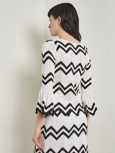 Boat Neck Tunic - Contrast Chevron Pointelle Soft Knit, New Ivory/Black | Meison Studio Presents Misook