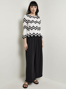 Boat Neck Tunic - Contrast Chevron Pointelle Soft Knit, New Ivory/Black | Meison Studio Presents Misook