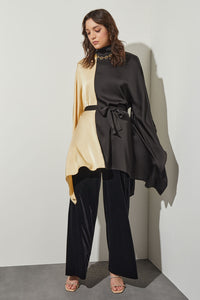 Plus Size Mock Neck Blouse - Two-Tone Satin Crepe | Ming Wang