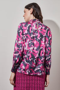 Plus Size Gathered Neck Blouse - Abstract Print Crepe de Chine | Ming Wang