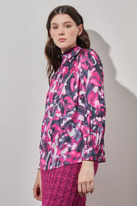 Plus Size Gathered Neck Blouse - Abstract Print Crepe de Chine | Ming Wang