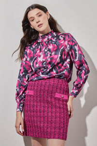 Plus Size Gathered Neck Blouse - Abstract Print Crepe de Chine | Ming Wang