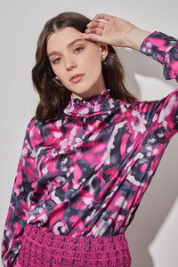 Plus Size Gathered Neck Blouse - Abstract Print Crepe de Chine | Ming Wang