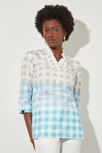 Plus Size Ruffle V-Neck Blouse - Gingham Cotton Poplin | Ming Wang